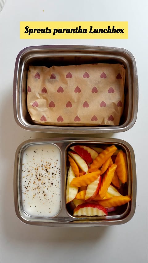 Instagram post by @thevegetarianladki for Fortune Foods. Caption reads: A wholesome, protein-packed lunch box with sprouts....