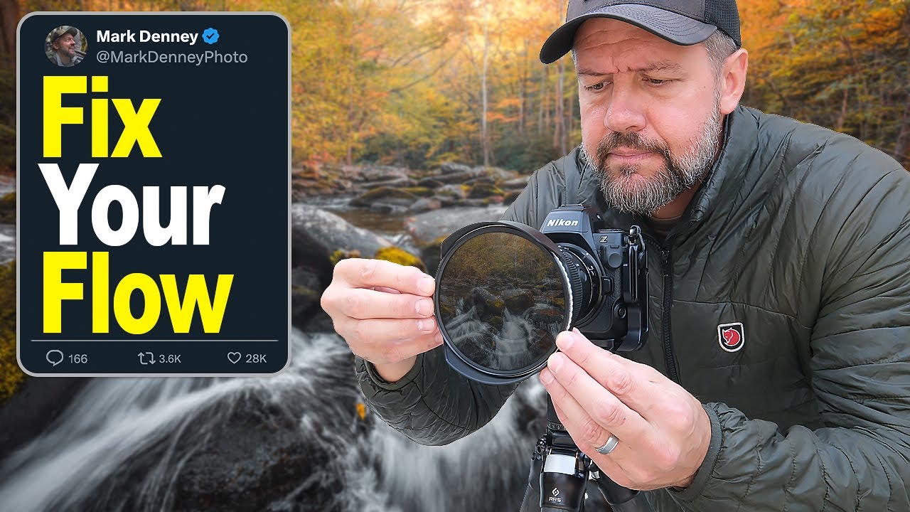 YouTube post by @MarkDenneyPhoto for B&H Photo Video. Caption reads: Most Photographers Over-Edit Water (Do This....