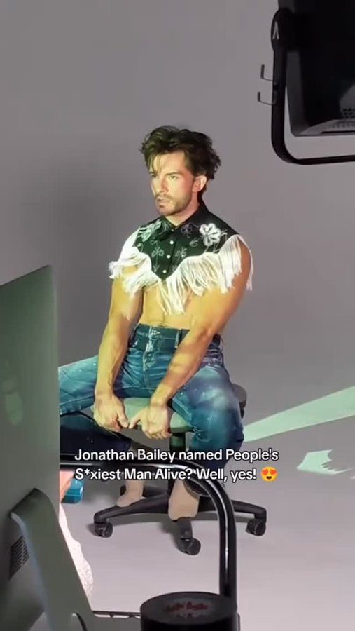 Instagram post by @jonathanbaileystan for GAY TIMES. Caption reads: Sexiest man alive? Confirmed 🔥

 BTS from....