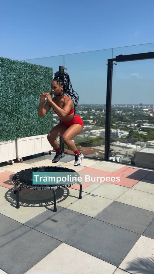 Instagram post by @theetiffmarie for JumpSport. Caption reads: 🔥Trampoline Burpees🔥 This ain’t your normal....