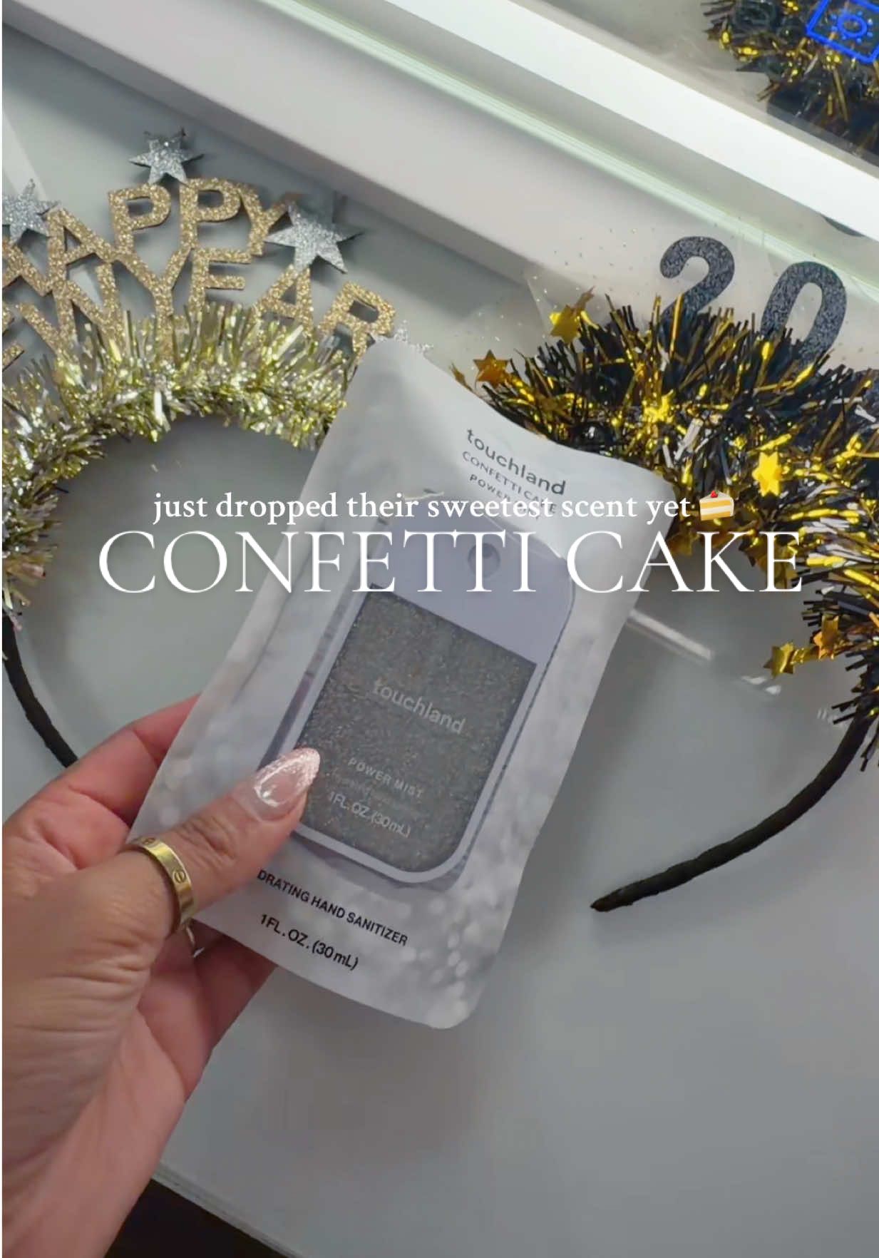 TikTok post by @stacymariekay for Touchland. Caption reads: The all-new Touchland Power Mist in Confetti Cake....