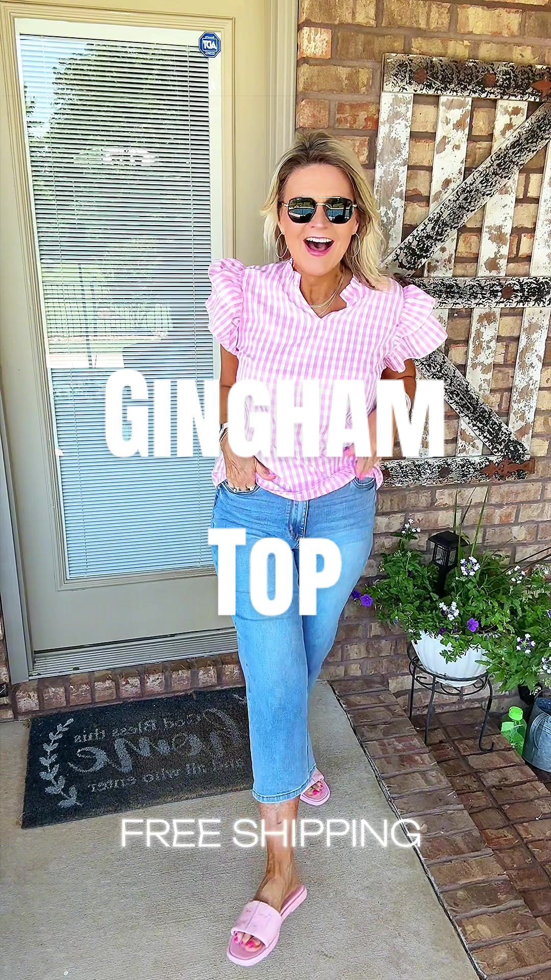 TikTok post by @winnieswonders1 for Shewin Official US. Caption reads: 💕 Obsessed with this pink gingham top paired with....