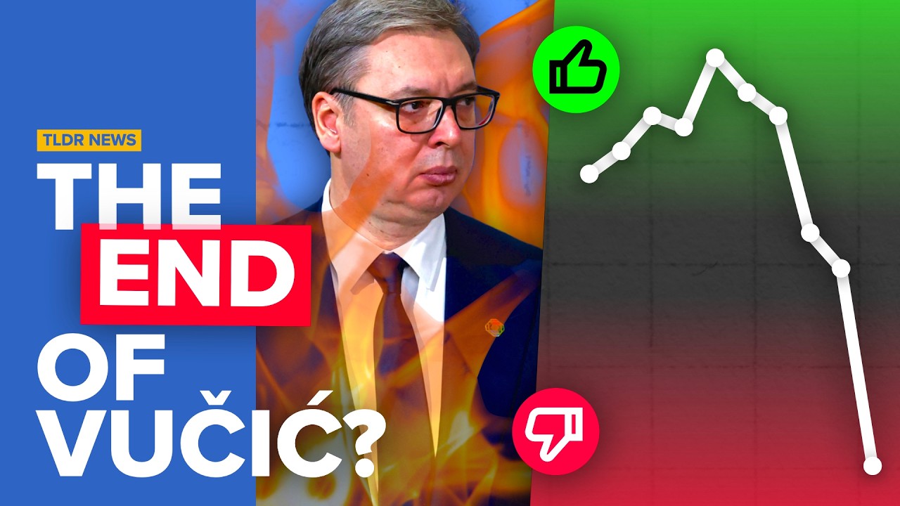 YouTube post by @TLDRnewsEU for Brilliant.org. Caption reads: Why Support for Vučić is Collapsing.