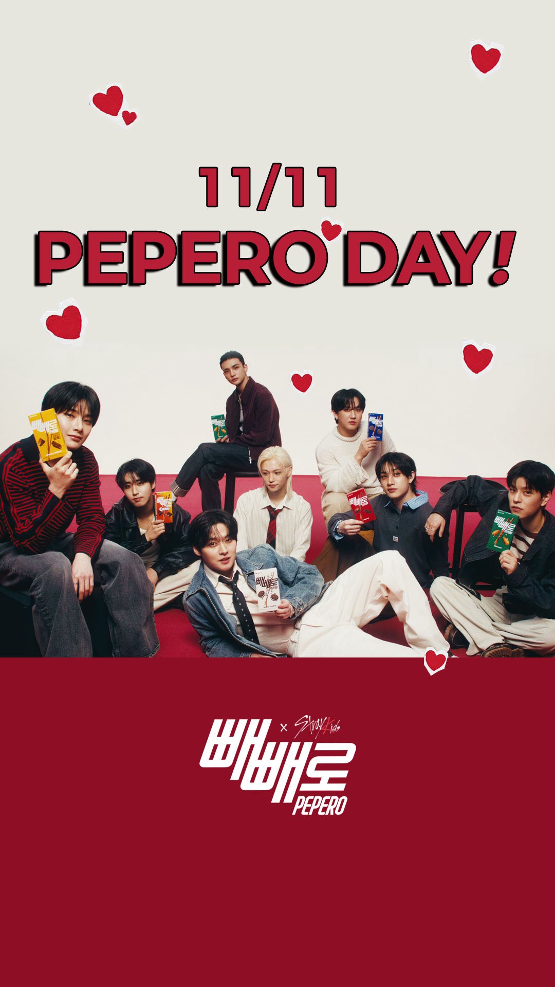 Instagram post by @realstraykids for Lotte Wellfood. Caption reads: [PEPERO X SKZ] 빼빼로데이 캠페인 영상 국내편 공개 혹시 잊은 거 아니지?....
