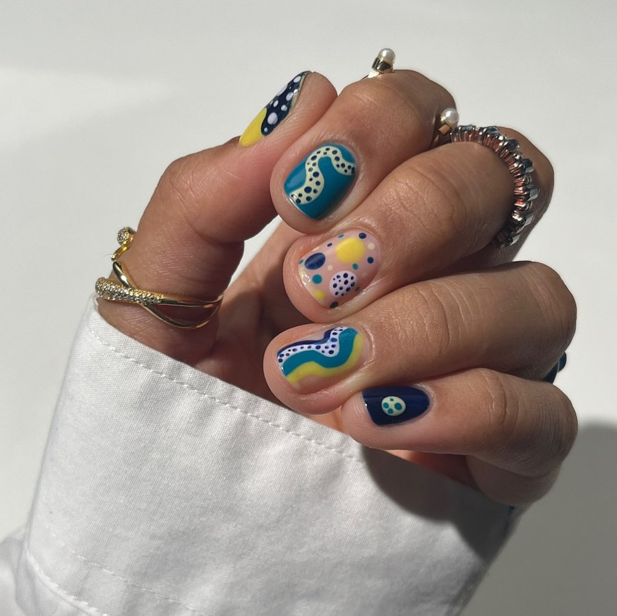 Instagram post by @nonnailartist for BKIND. Caption reads: Funky & swirly have been a recent combo I’ve been....