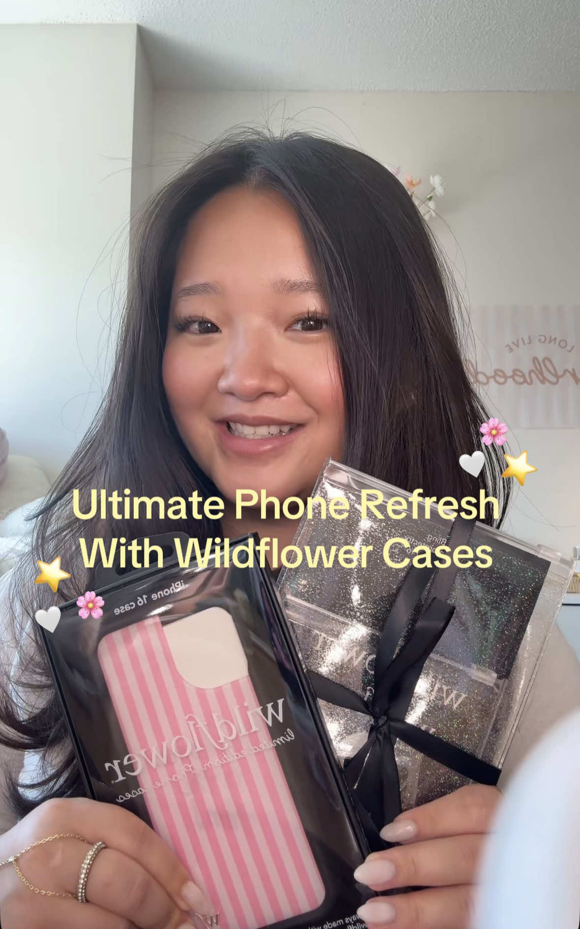 TikTok post by @evevang205 for Wildflower Cases. Caption reads: [...] my new phone refresh! Thank you @Wildflower....