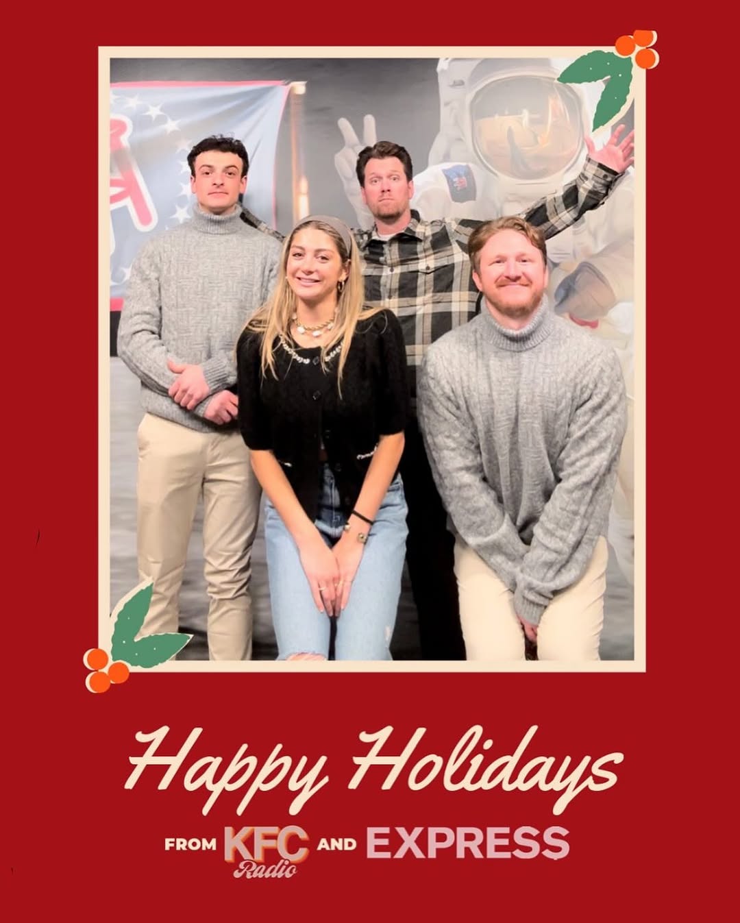 Instagram post by @kfcradio for Express. Caption reads: Organized family photos are hard, so @express made....
