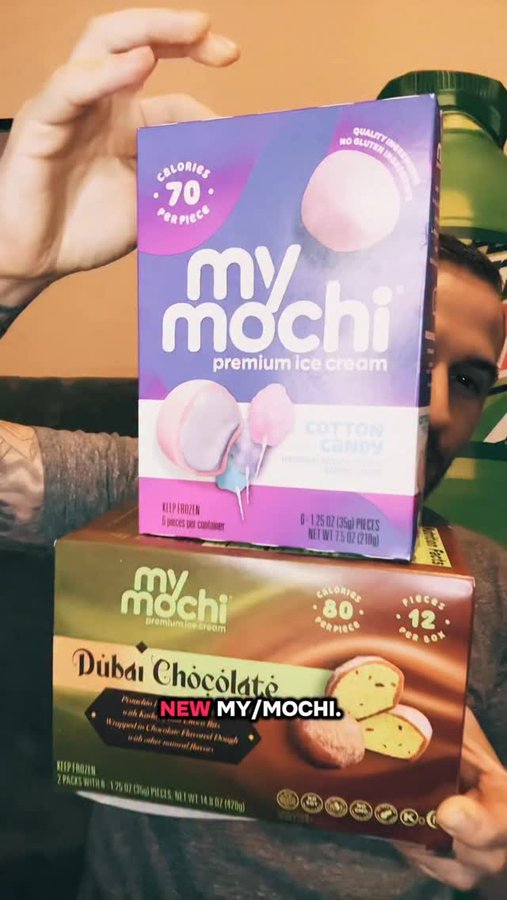 Instagram post by @markie_devo for My/Mochi. Caption reads: New My/Mochi Dubai Chocolate Style and Cotton....