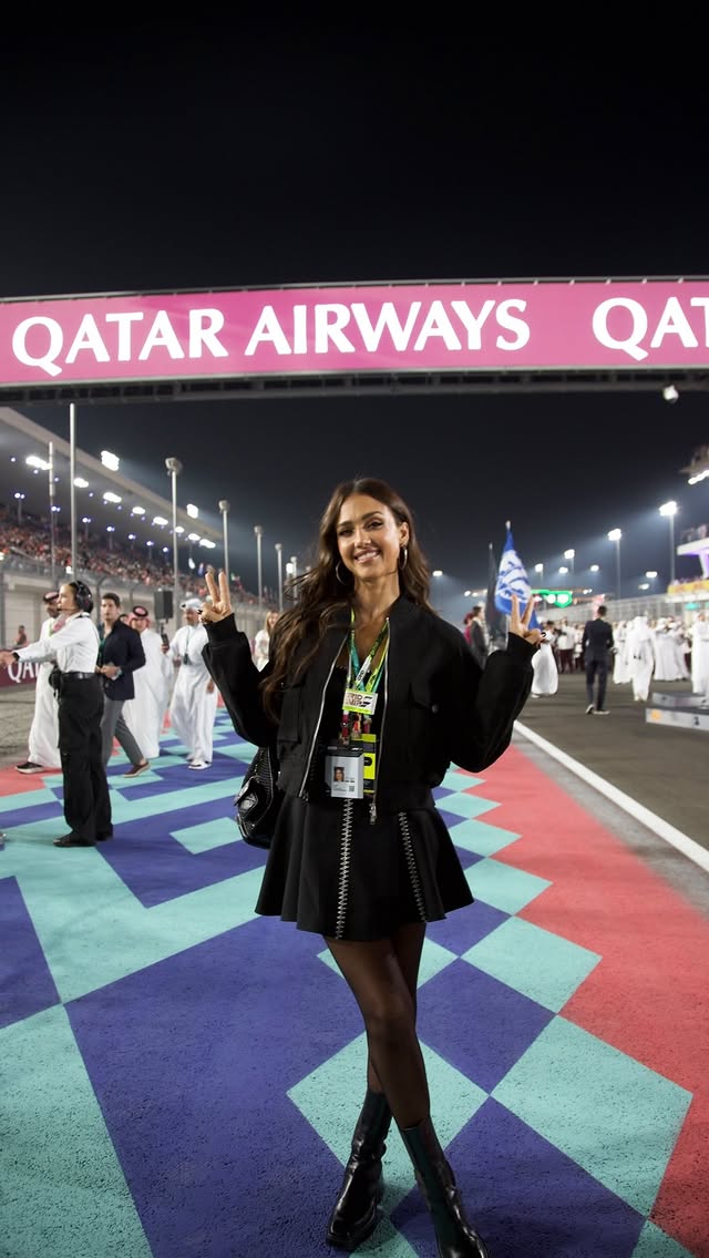 Instagram post by @jessicaalba for Qatar Airways. Caption reads: [...] first F1 - thank you for having me,....