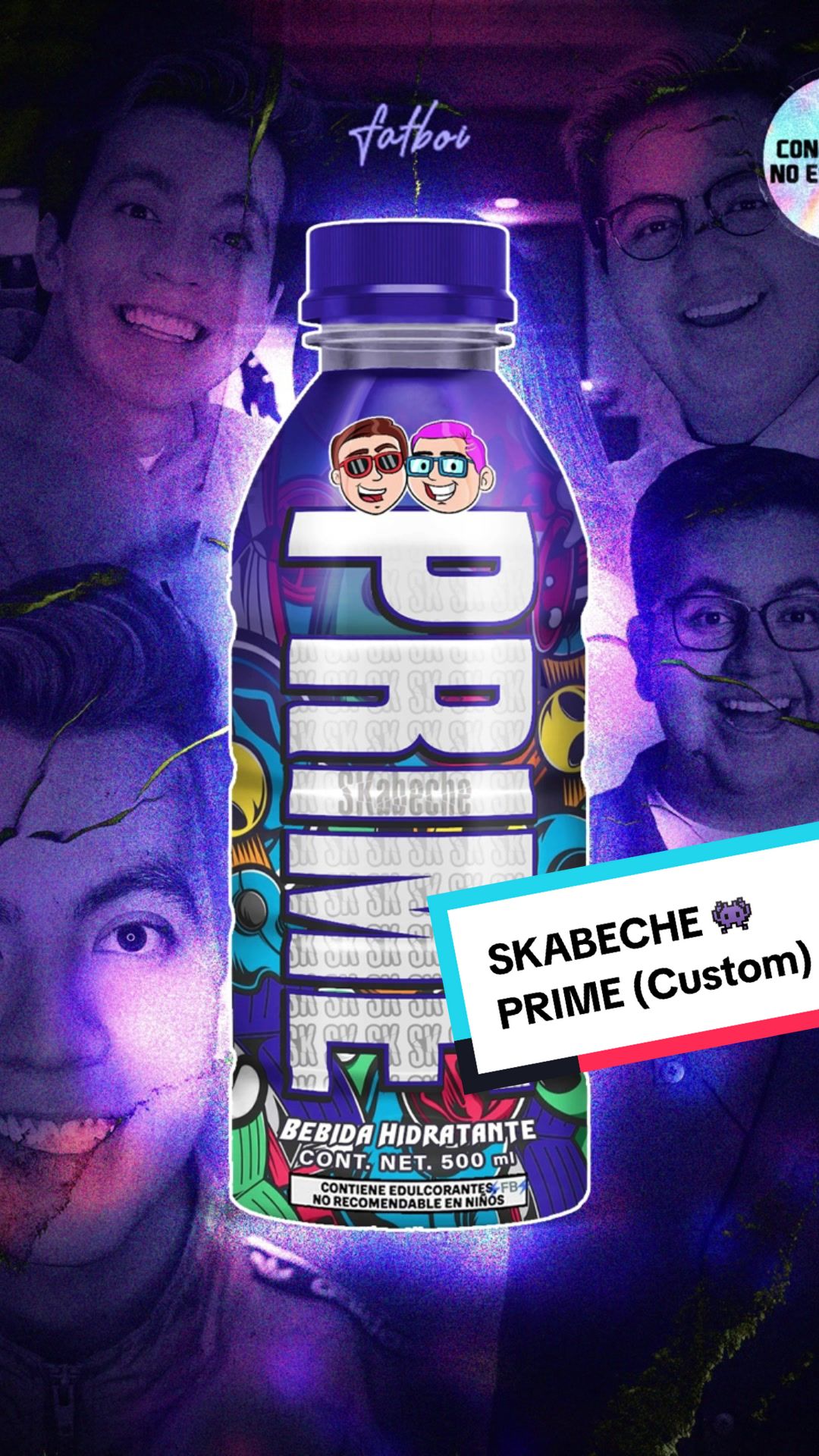 TikTok post by @dimefat for DrinkPrime. Caption reads: Aquí les hice un diseño @PRIME de los YouTubers....