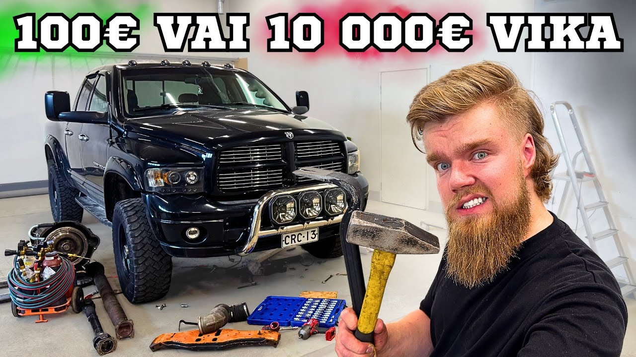 YouTube post by @rebelwerks for carVertical. Caption reads: UNELMA DODGE RAM KOLISEE, TULIKO 100€ VAI 10 000€....