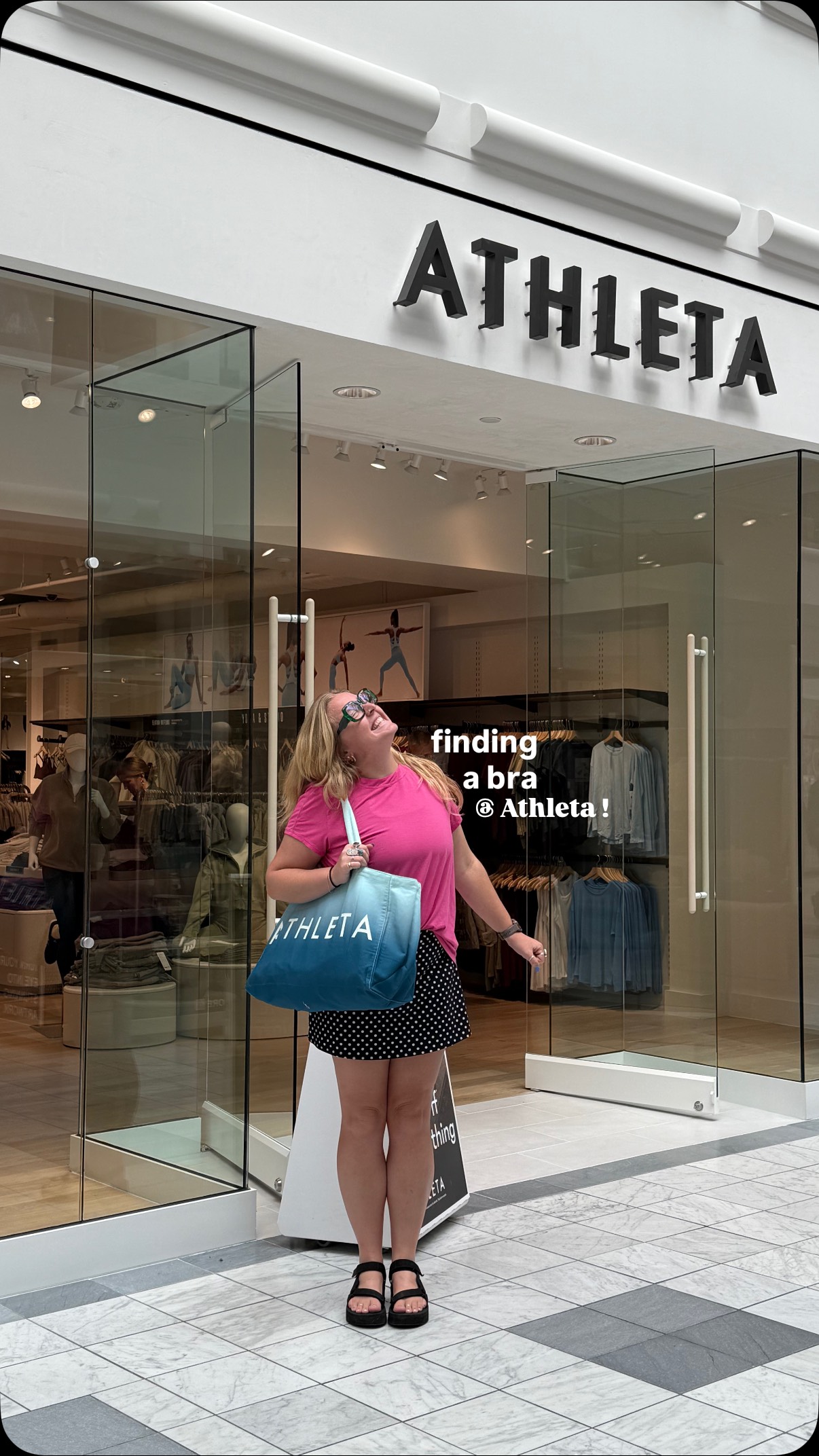 Instagram post by @abbycazam for Athleta. Caption reads: Let’s get fitted for a bra!!! Turns out- I’ve....