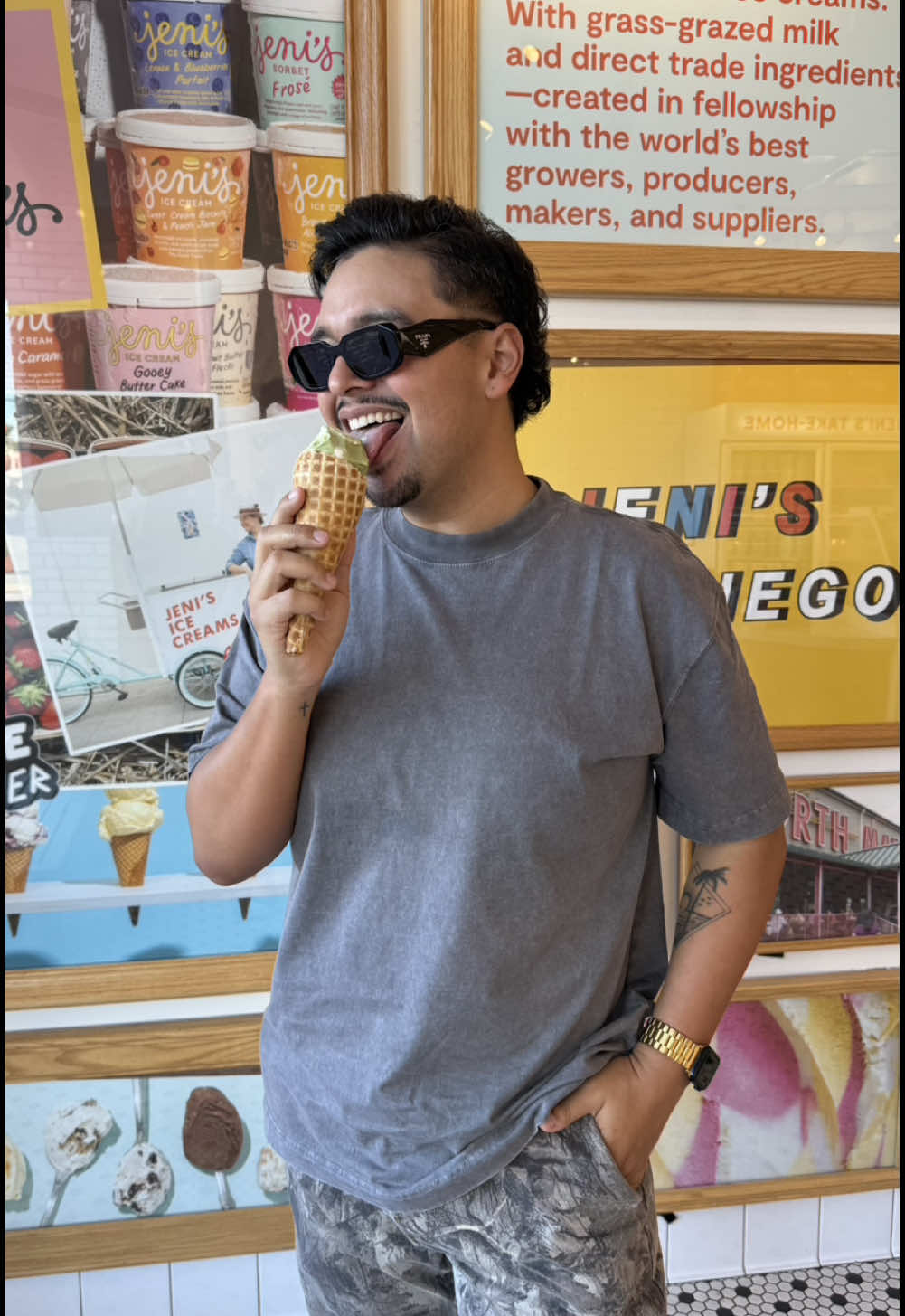 TikTok post by @thealantimoteov for Jeni's Splendid Ice Creams. Caption reads: Green smoothie ice cream and a parfait on the....