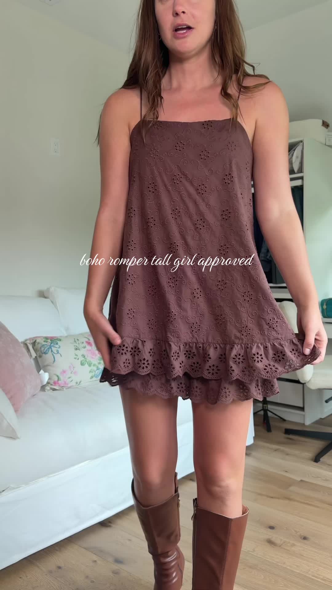 TikTok post by @kristinanicoletall for TanmingFashion. Caption reads: viral boho romper @TanmingFashion 6ft size medium....