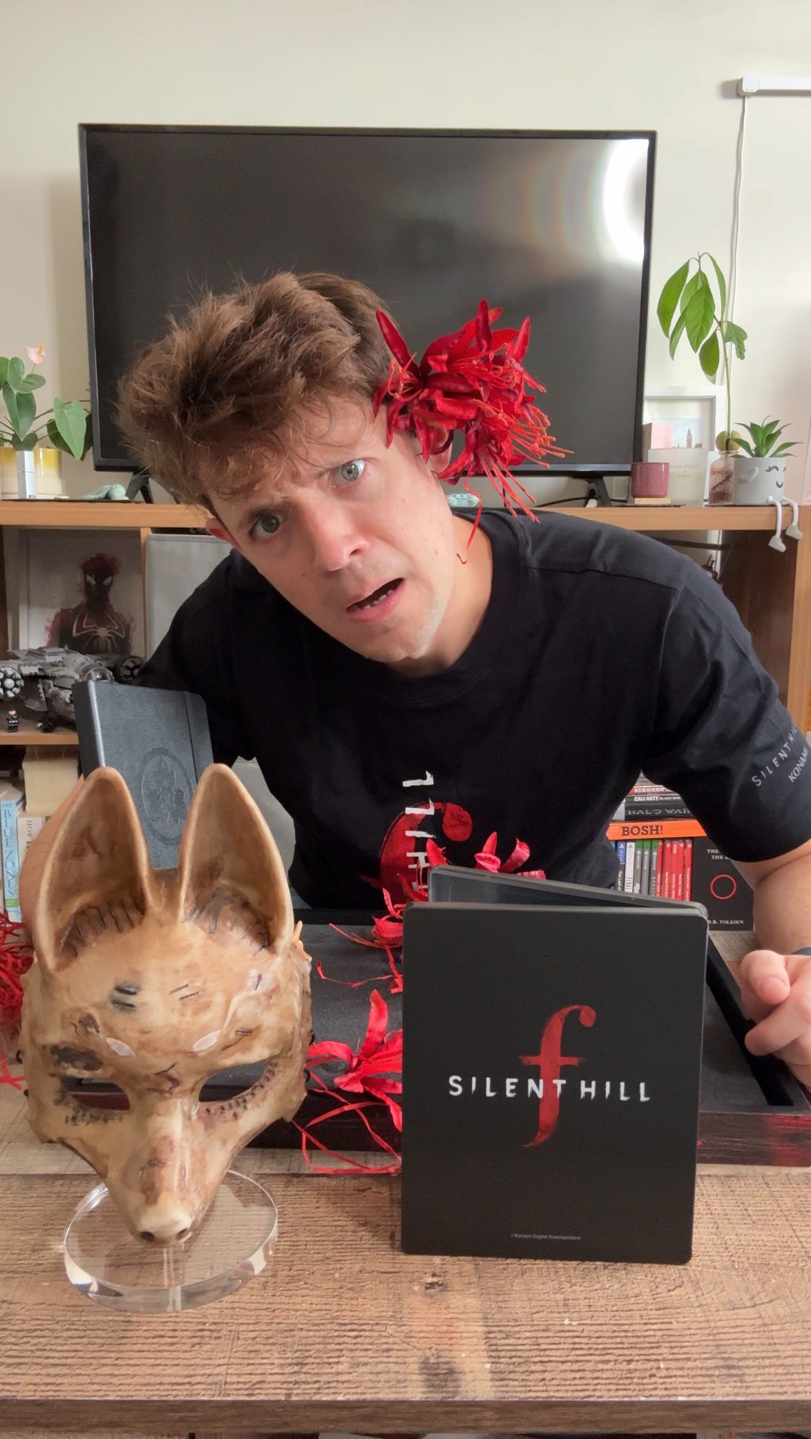 Instagram post by @mrlewisblogsgaming for Konami. Caption reads: Celebrating the release of Silent Hill F with this....