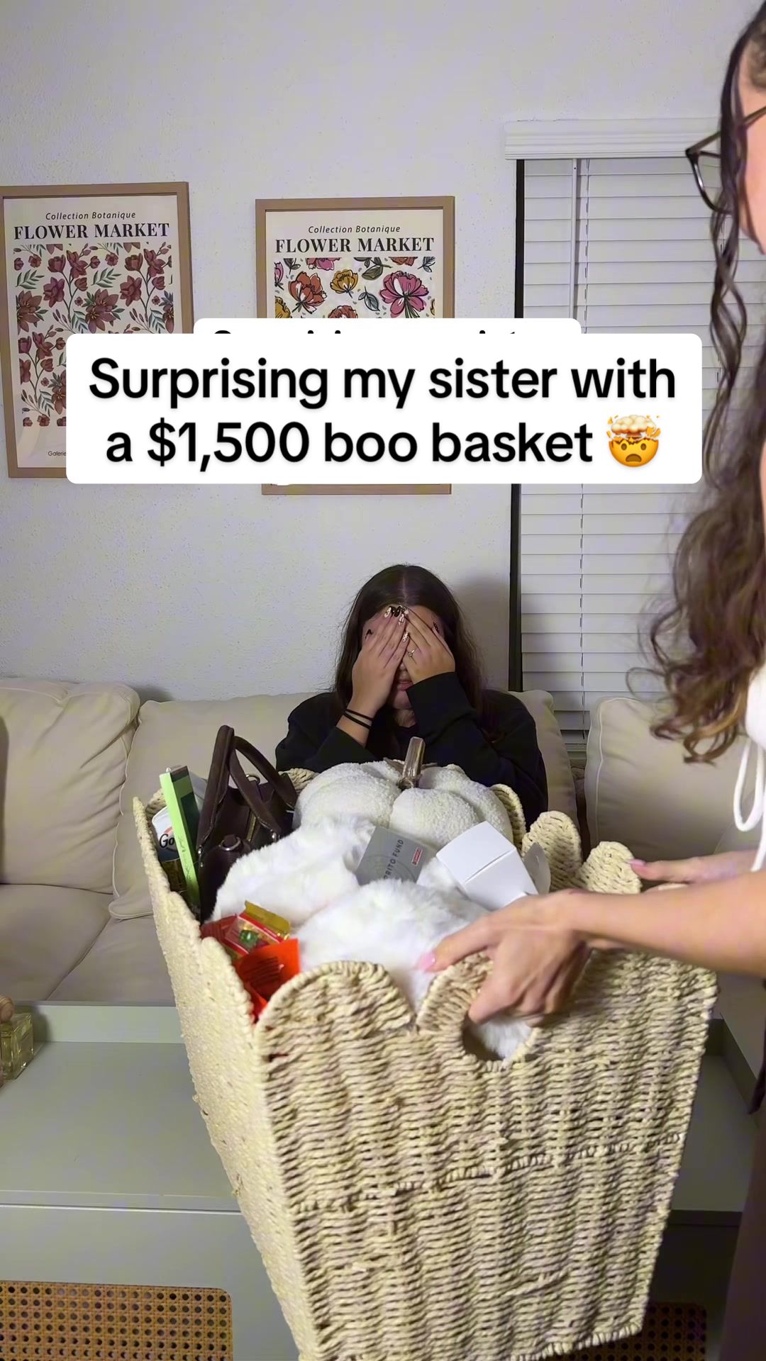TikTok post by @perfumesiren for Josie Maran. Caption reads: Surprising my sister with a $1,500 boo basket 🤯....
