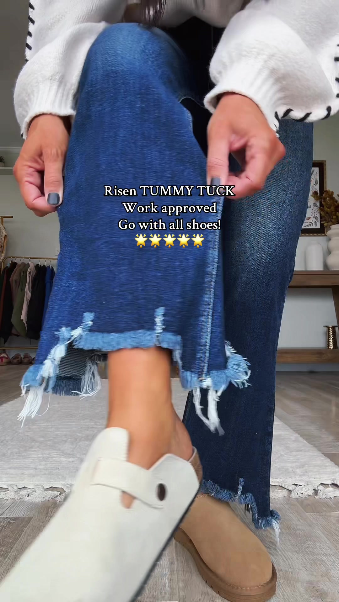 TikTok post by @gayle.boggsy for Wild Oak Boutique. Caption reads: [...] #risendenim #tummycontrol @Wild Oak Boutique....