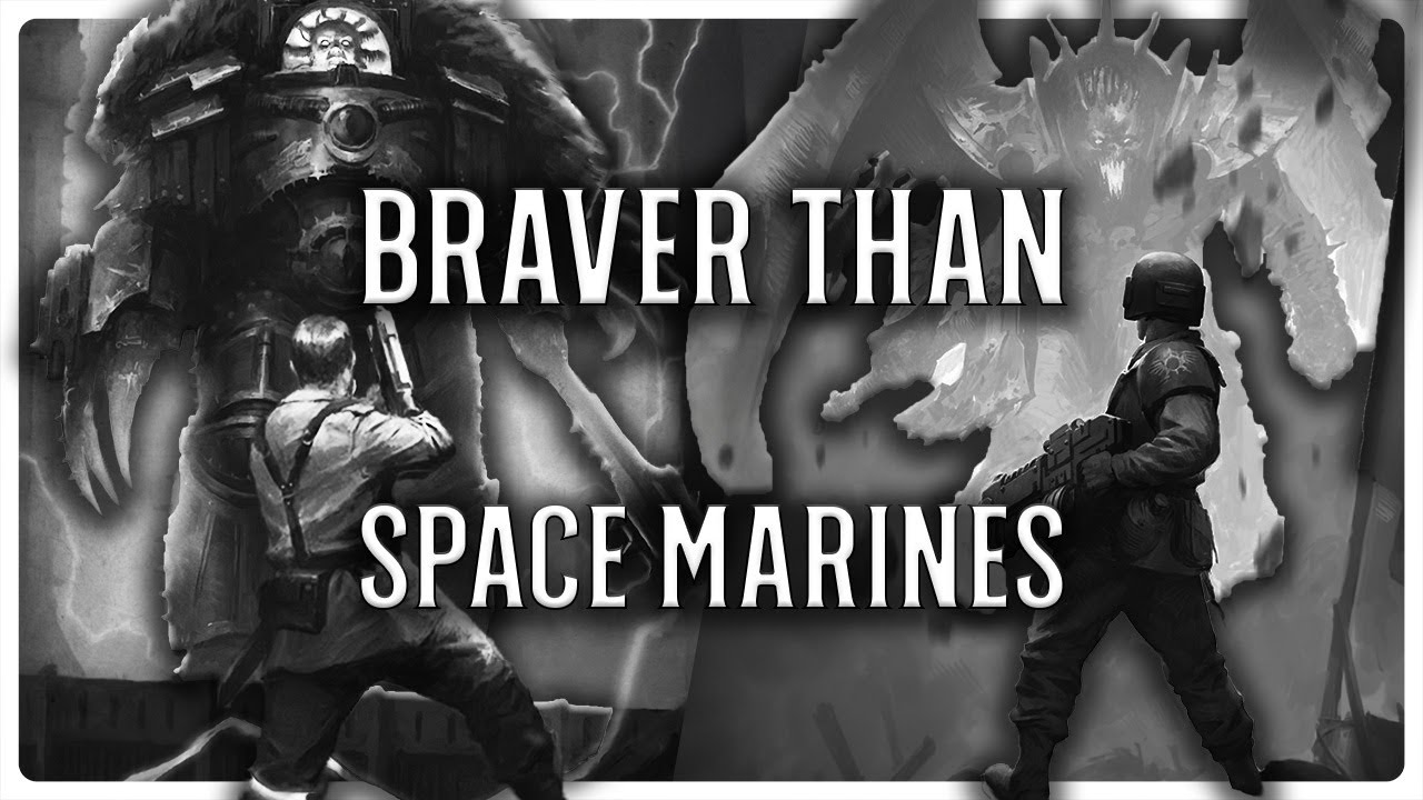 YouTube post by @majorkill for GEOLOG. Caption reads: Top 10 Most Heroic Guardsmen | Warhammer 40k Lore.