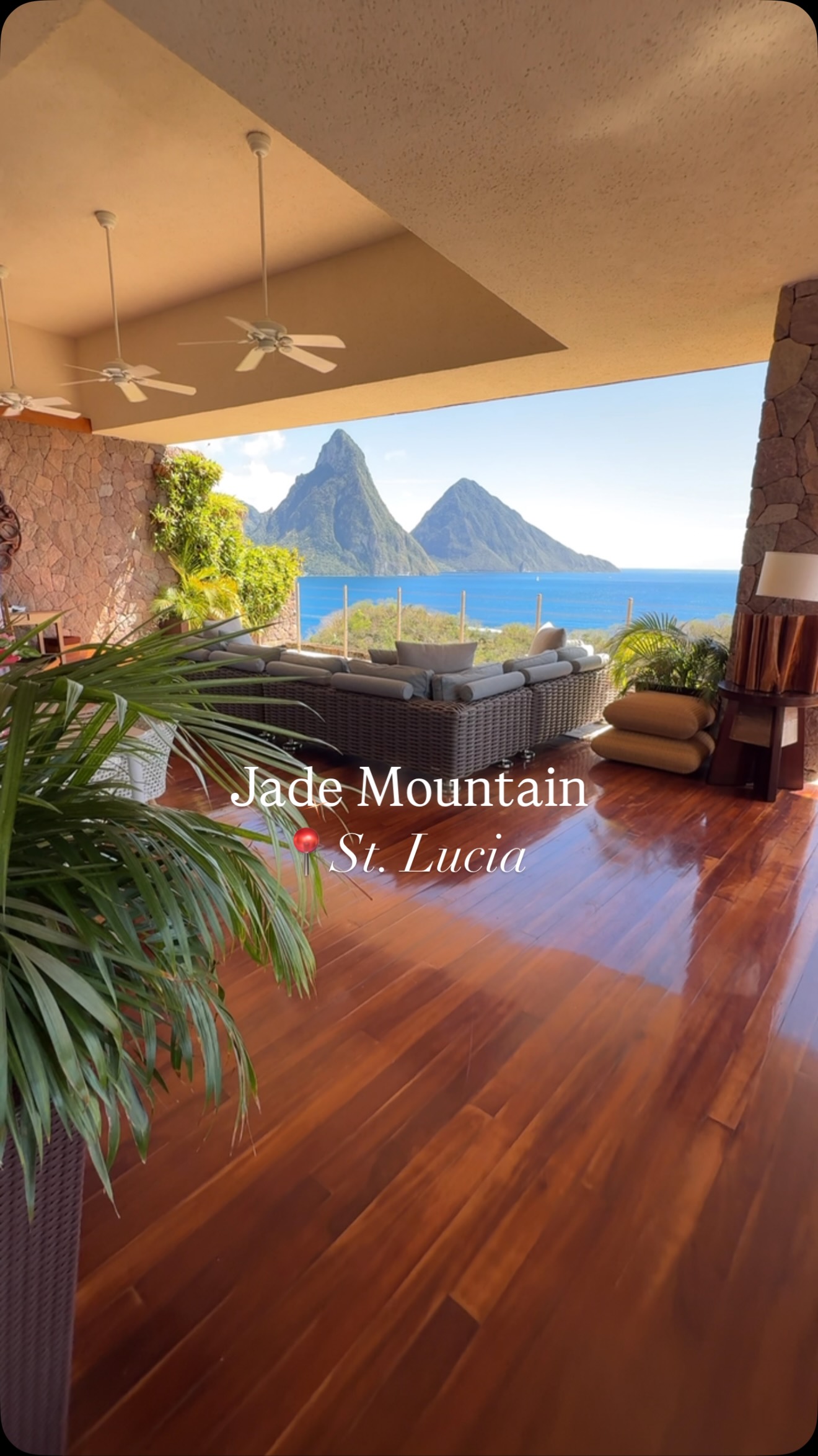 Instagram post by @travelz_station for Hotels.com. Caption reads: 📍Jade Mountain, St. Lucia 
@jademountainstlucia....