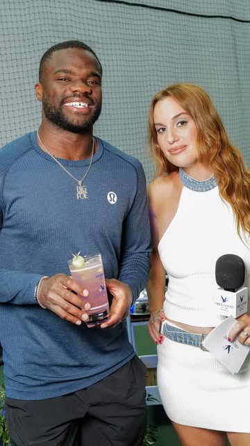 Instagram post by @hannahberner for Grey Goose. Caption reads: I asked @bigfoe1998 the hard-hitting questions at....