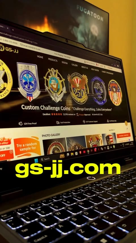 Instagram post by @ft.henric for GS-JJ.com. Caption reads: ✨ Elevate your brand with custom coins by GS-JJ ✨....