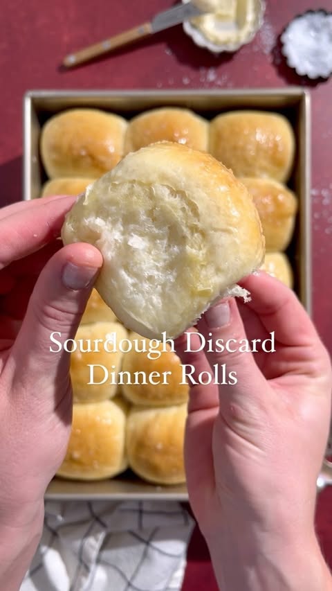 Instagram post by @thisjess.cooks for The Feedfeed. Caption reads: These Sourdough Discard Dinner Rolls by....