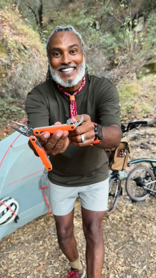 Instagram post by @bicycle_nomad for Leatherman. Caption reads: [...] a fire and making breakfast — the Leatherman....