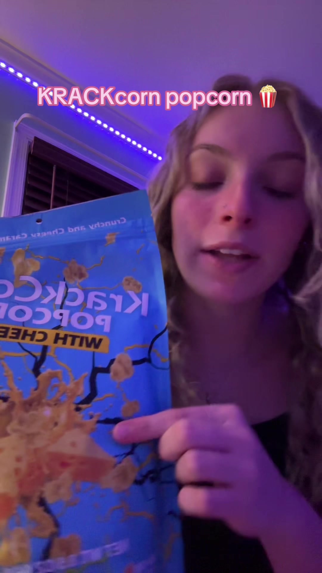 TikTok post by @reina_unger for KrackCorn Popcorn. Caption reads: My favorite popcorn brand @KrackCorn Popcorn #fyp....