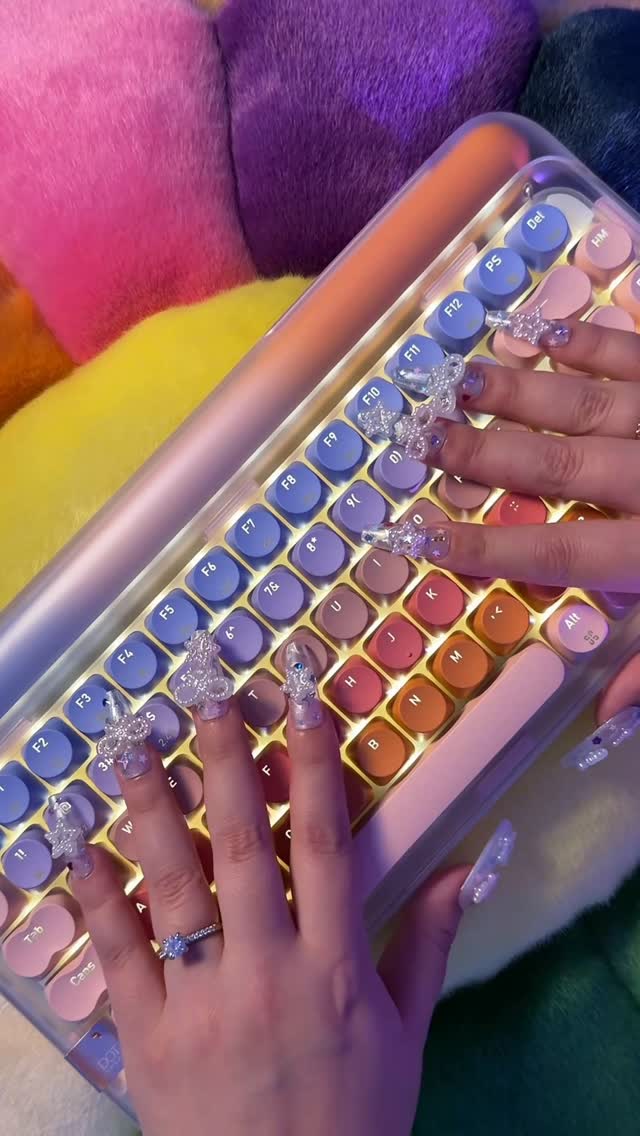 Instagram post by @asmrjade_yt for LOFREE. Caption reads: @lofree.co Sugar Color 70s Keyboard Sound Test!....