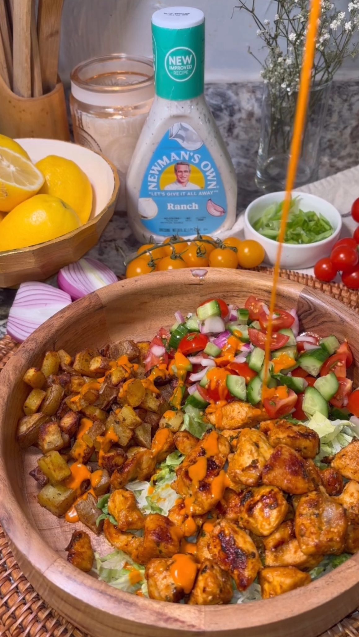 Instagram post by @tastewithnicki for Newman's Own. Caption reads: Buffalo Ranch Chicken Bowl Recipe🔥👇

This easy....