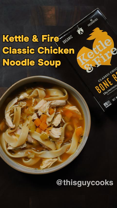 Instagram post by @thisguycooks for Kettle & Fire. Caption reads: CLASSIC CHICKEN NOODLE SOUP — powered by....