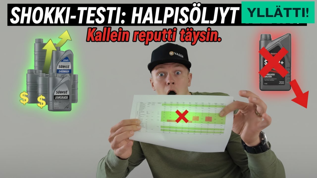 YouTube post by @Simolammikko for carVertical. Caption reads: EIKÖ TÄHÄN SAADA MITÄÄN JÄRKEÄ?! Öljytesteissä....