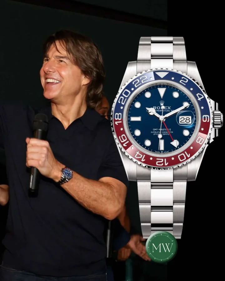 Instagram post by @watchlobby for MONDANIWEB. Caption reads: @tomcruise recently spotted wearing the GMT-MASTER....