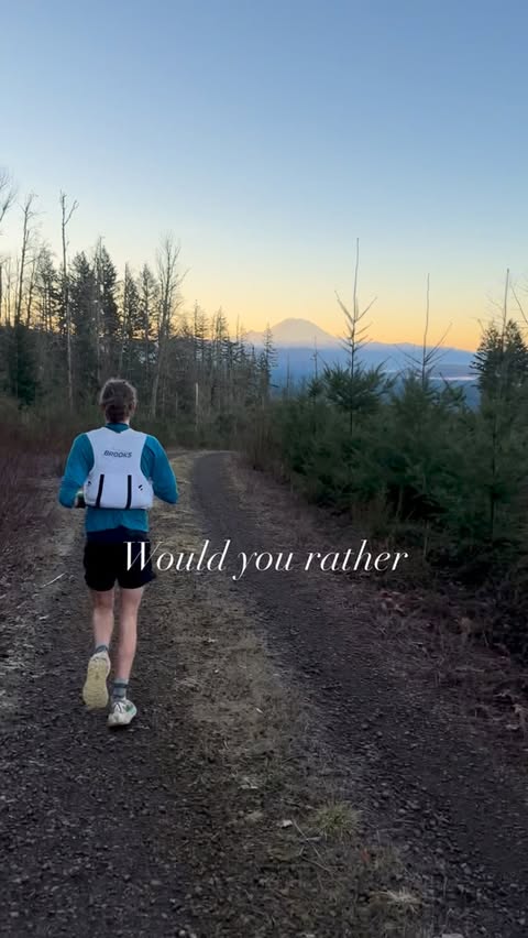 Instagram post by @thestring.bean for Brooks Running. Caption reads: Would you rather run flowy fire roads 🌄 with epic....