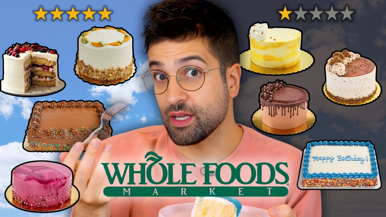 YouTube post by @thejonnycakes for Goldbelly. Caption reads: I Tried Every Cake from WHOLE FOODS.