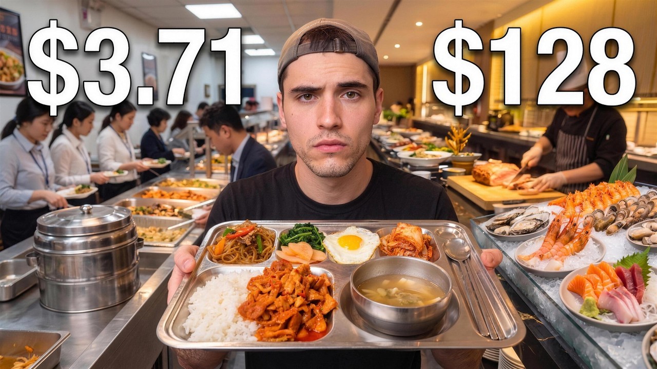 YouTube post by @JoshSlavin for Freecash.com. Caption reads: $3.71 Buffet vs $128 Buffet in Korea 🇰🇷.