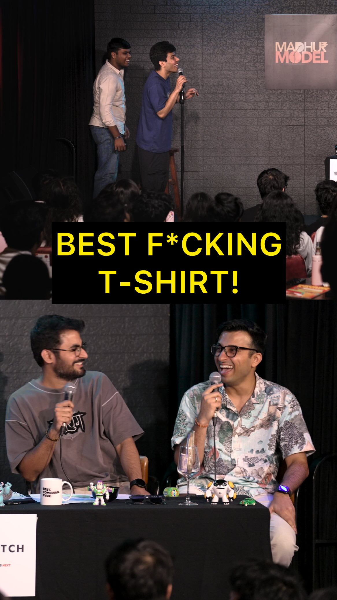 Instagram post by @madhurvirli for Snitch. Caption reads: Best F*cking T-shirt! 😤😝 
Watch FINALLY....