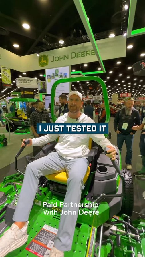 Instagram post by @realpauljamison for John Deere. Caption reads: The 100-inch John Deere Z998R lawn mower just....