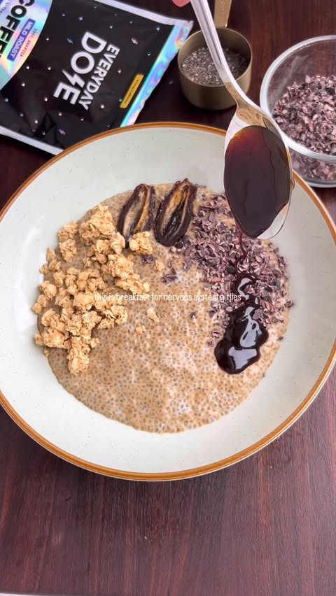 Instagram post by @farmacyrevolution_ for Everyday Dose. Caption reads: Slow morning 🧸☕️Everyday Dose Coffee Chia Pudding....