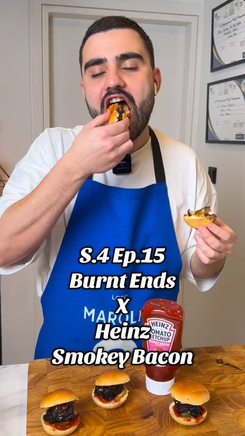 Instagram post by @nikos_marolis for Heinz. Caption reads: S.4 Ep.15 Burnt Ends with Heinz Smokey Bacon....