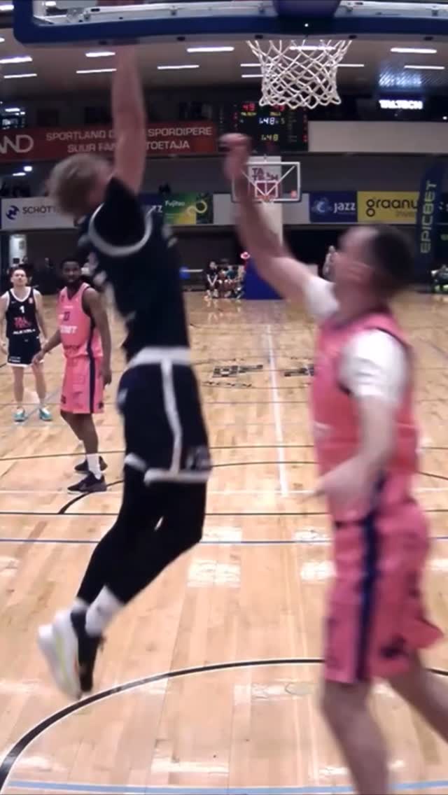 Instagram post by @basketee for Optibet LatEst League. Caption reads: @kaarelvalb with a SLAM 🔥😤 #Optibet |....