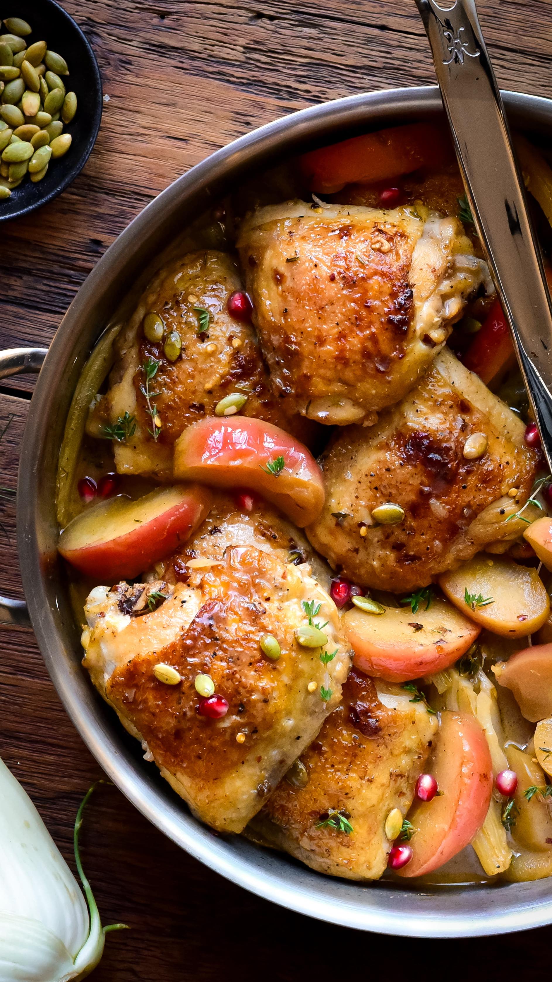 Instagram post by @zimmysnook for Hedley & Bennett. Caption reads: Saucy Cider-Glazed Chicken with Apples &....