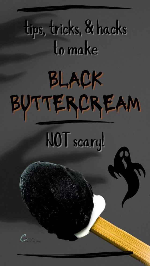 Instagram post by @erin.cakesandcupcakes for Chefmaster. Caption reads: 🖤 Does the thought of making BLACK BUTTERCREAM....