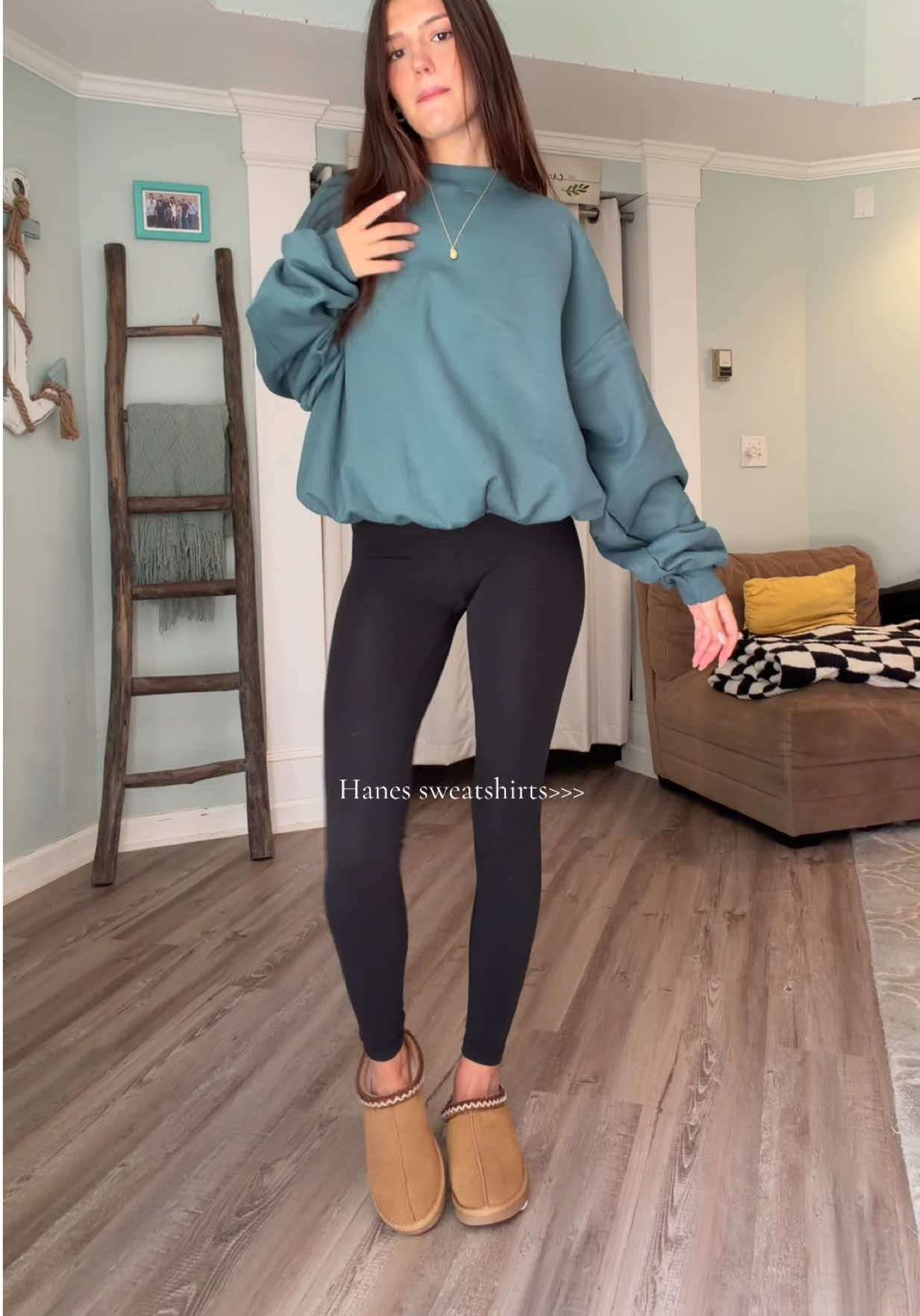 TikTok post by @_maddidawn for Hanes. Caption reads: Obsessed with this color 🌲 @Hanes #sweatshirt .