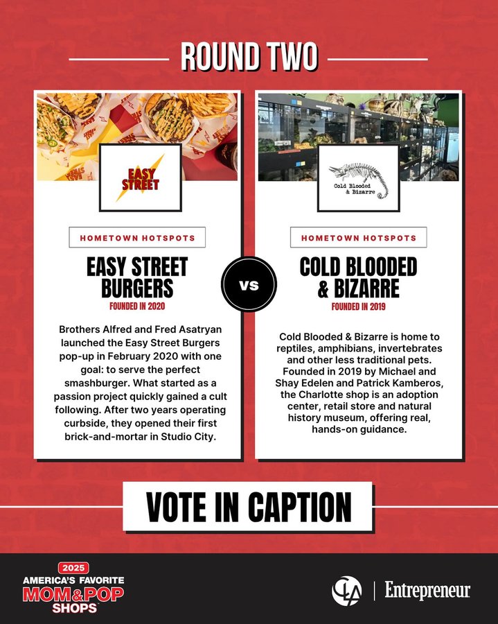 Instagram post by @coldbloodedandbizarre for Entrepreneur. Caption reads: Round 2 continues with a matchup between Hometown....