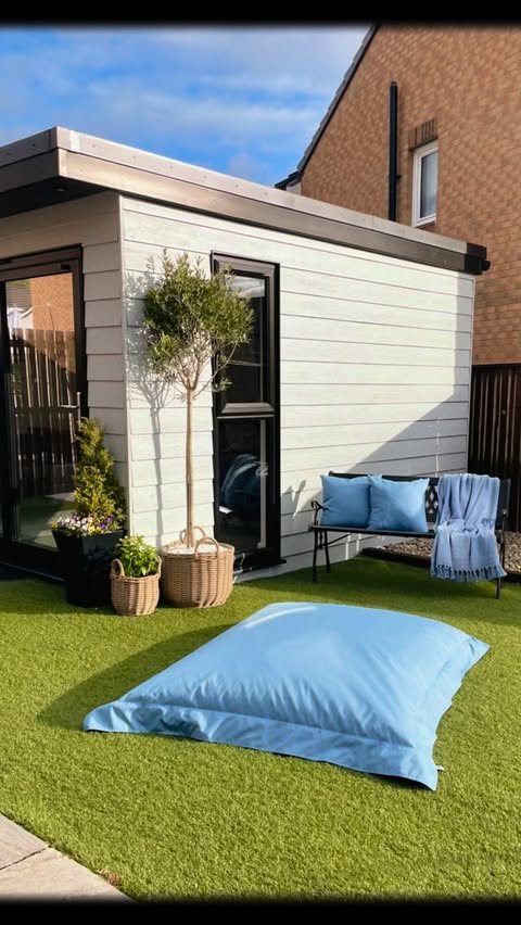 Instagram post by @home_at26_ for rucomfy beanbags. Caption reads: @rucomfy garden upgrade you didn’t know you....