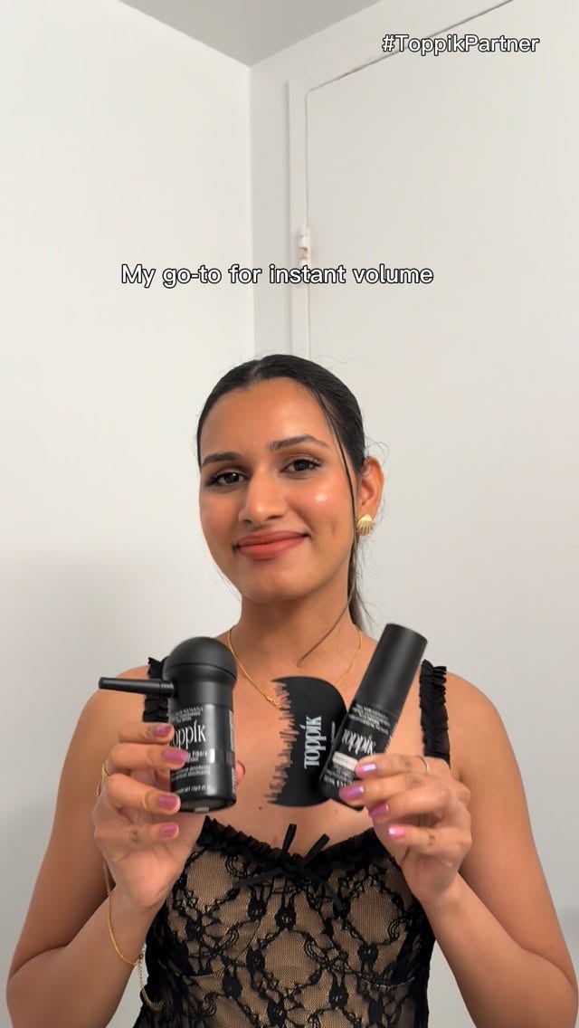 Instagram post by @whatpriyawears for Toppik. Caption reads: #ad Quick fix for thin hair days @toppik....