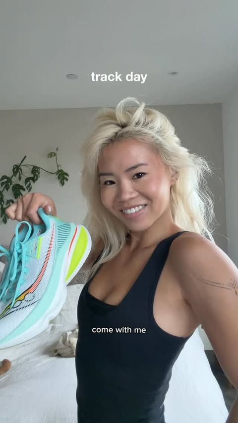 Instagram post by @kalia.lai for Saucony. Caption reads: [...] Come on a track run with me in my new....