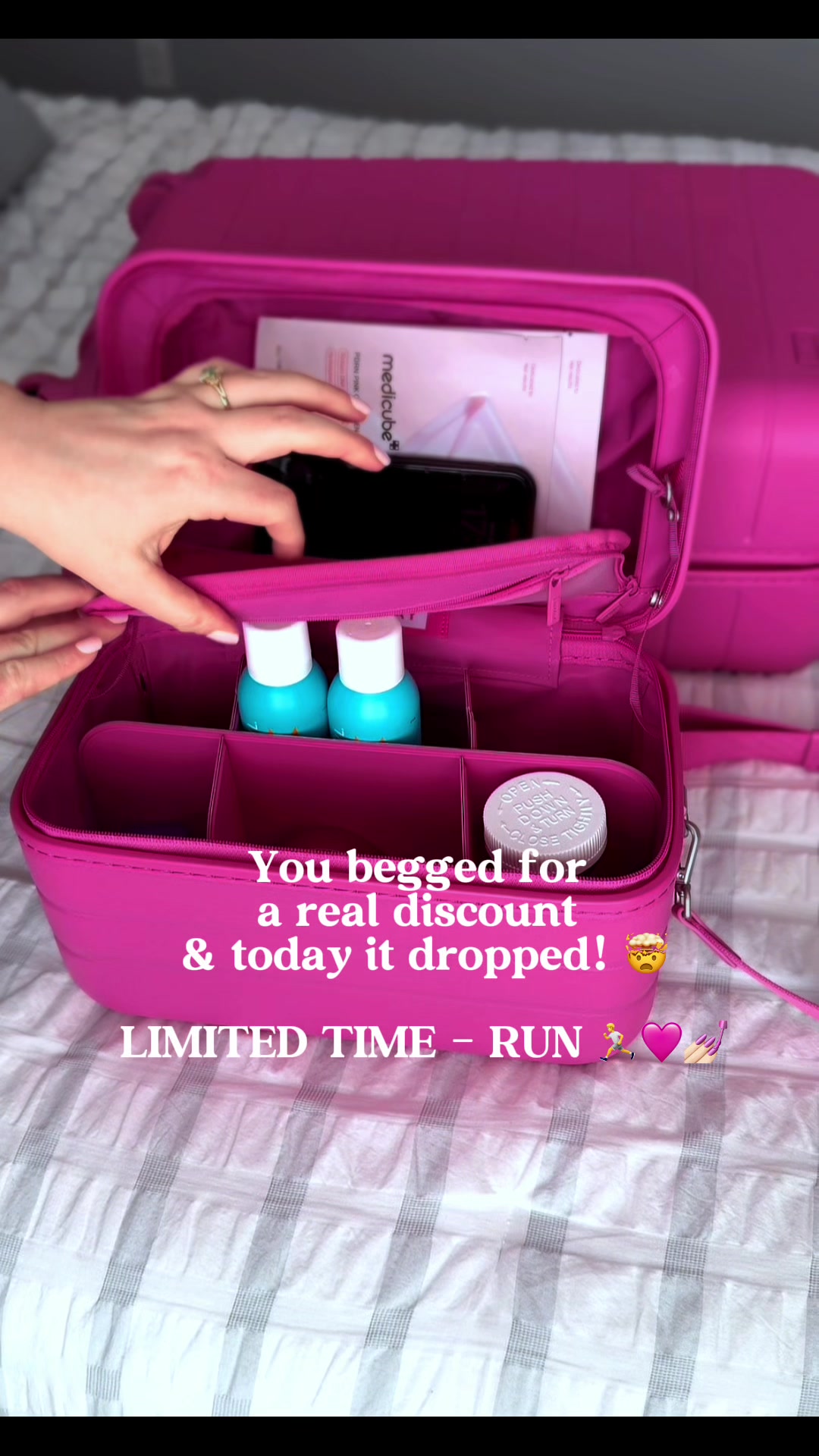 TikTok post by @prettylittlejetsetter for Away. Caption reads: [...] in your cart RUN 🏃🩷💅🏻✈️ @Away Travel....