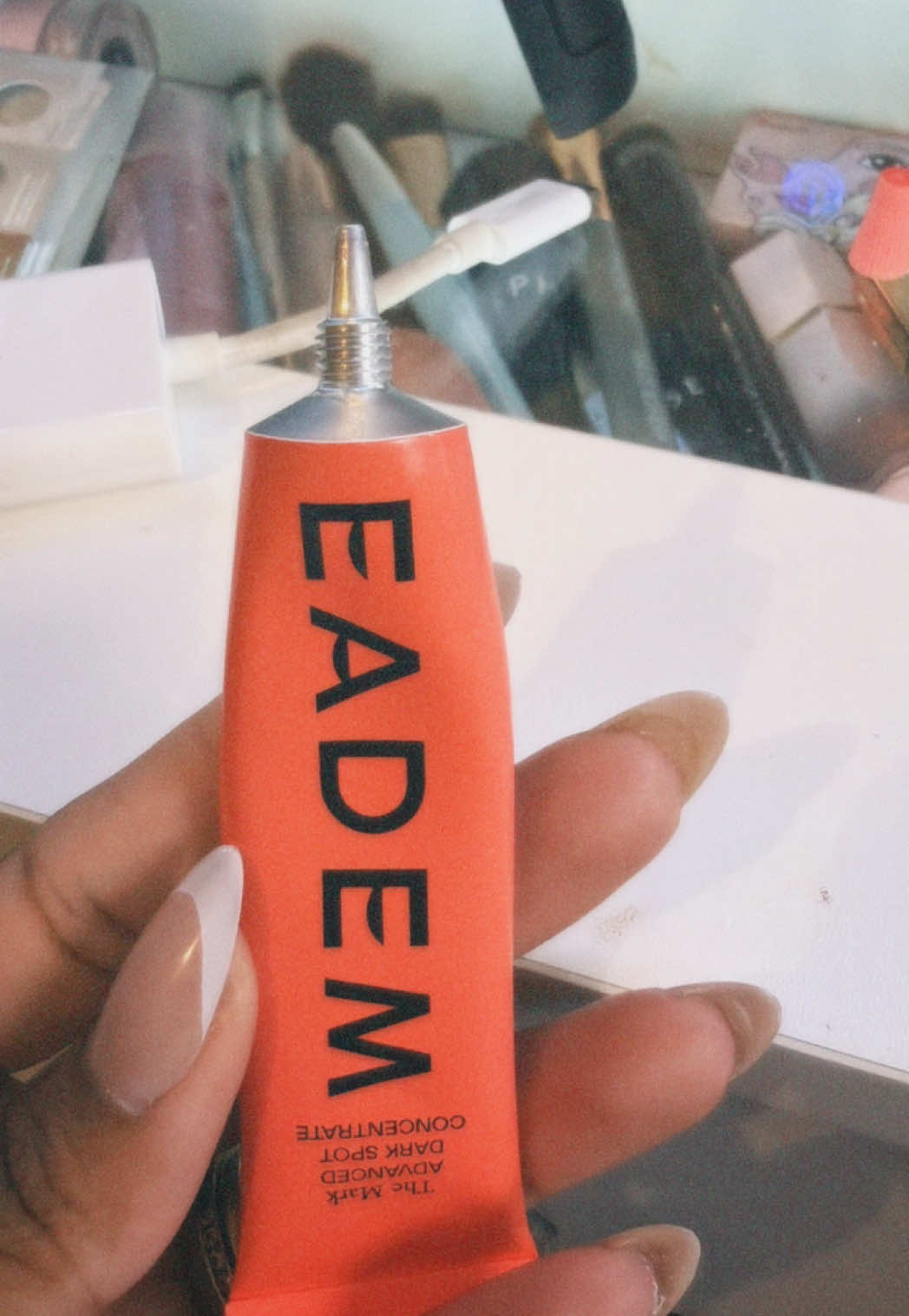 TikTok post by @kendraalynette for Eadem. Caption reads: [...] with targeting my dark marks lately 🤍✨....